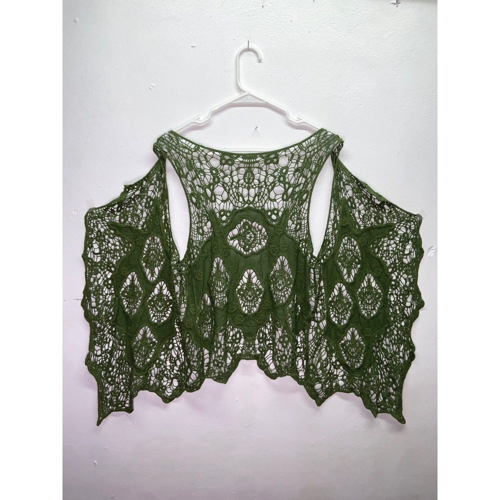 Olive Green Crochet Lace Butterfly Vest Whimsigoth Open Front Boho Forest Fairy